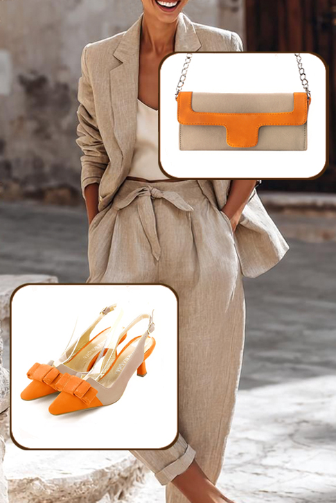 Women's apricot orange and tan beige elegant slingback heels, with a bow on the front. Tapered toe. Medium spool heels - Worn view